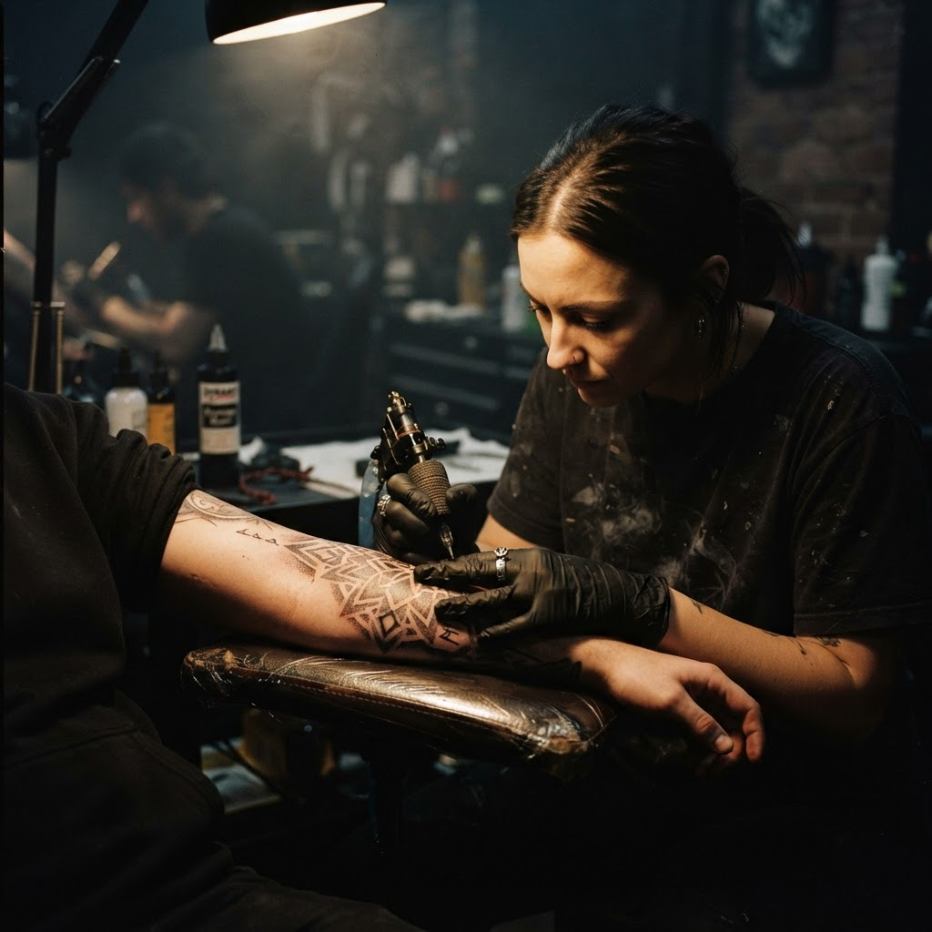 Close-up of a detailed blackwork tattoo in a dark studio