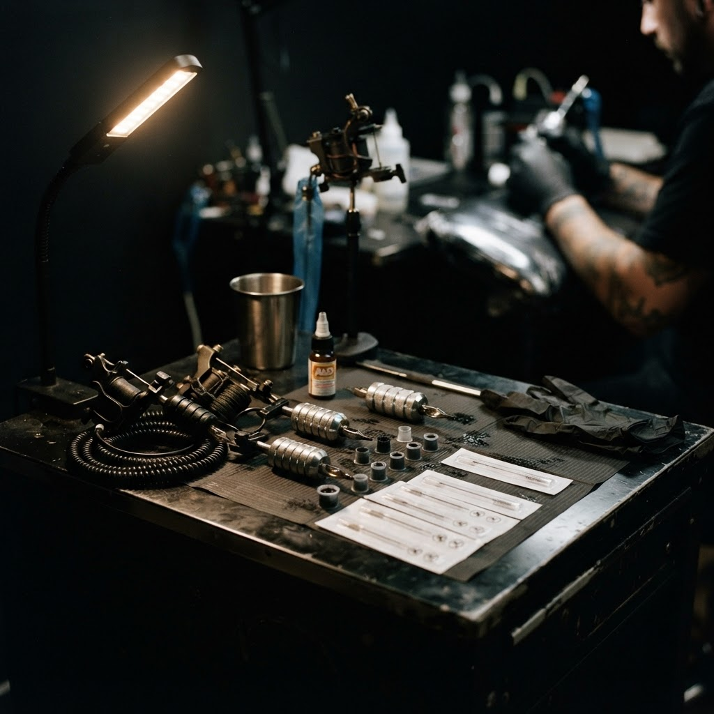 Tattoo artist workstation with machines and ink