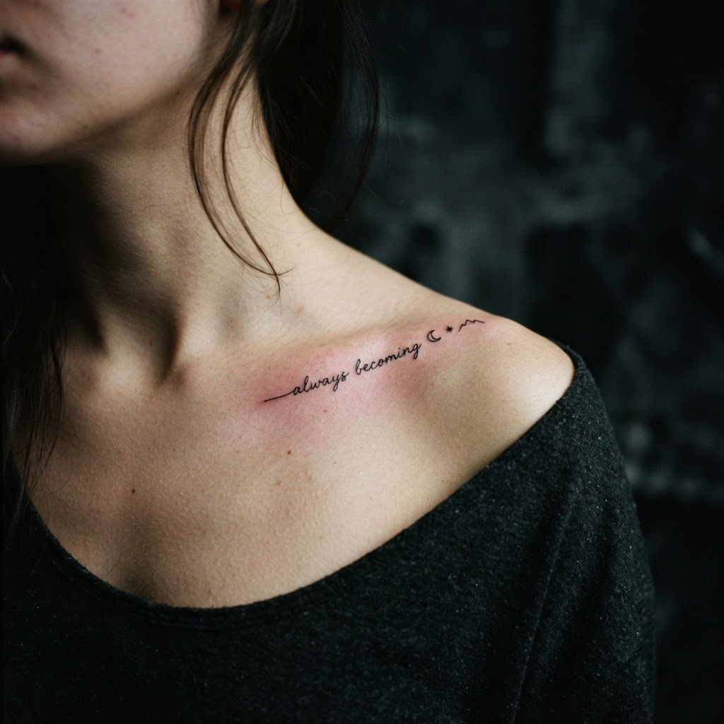 Collarbone Script, Fine Line tattoo by Io Mercer