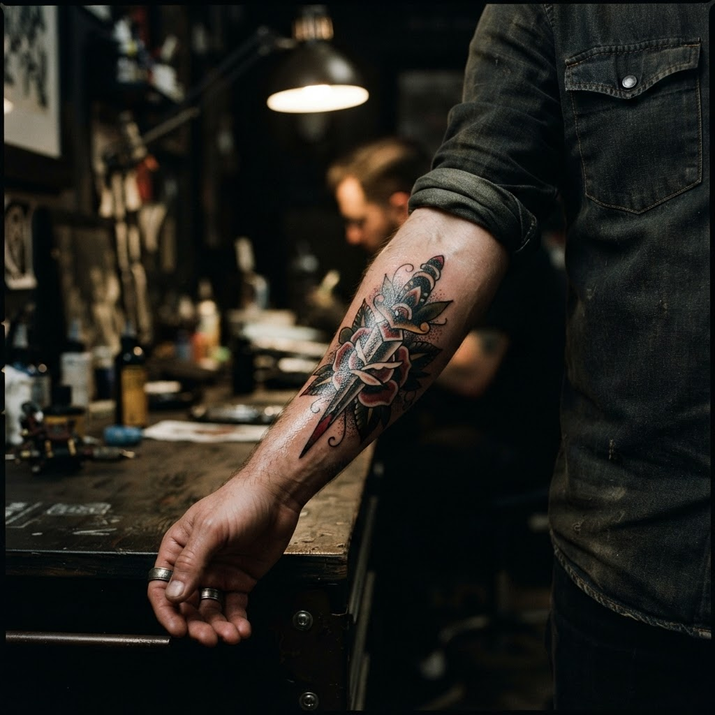 Dagger & Rose, Traditional tattoo by Silas Crane