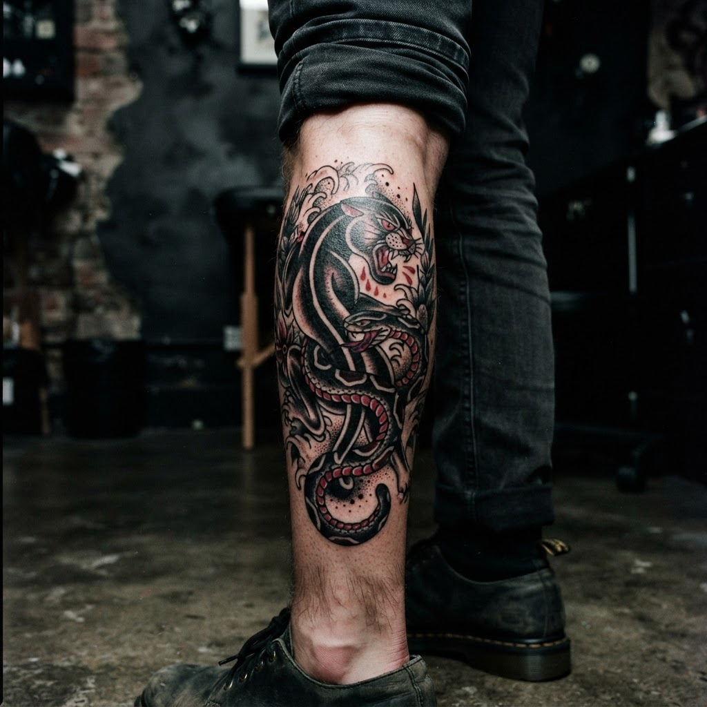 Panther & Snake, Traditional tattoo by Silas Crane
